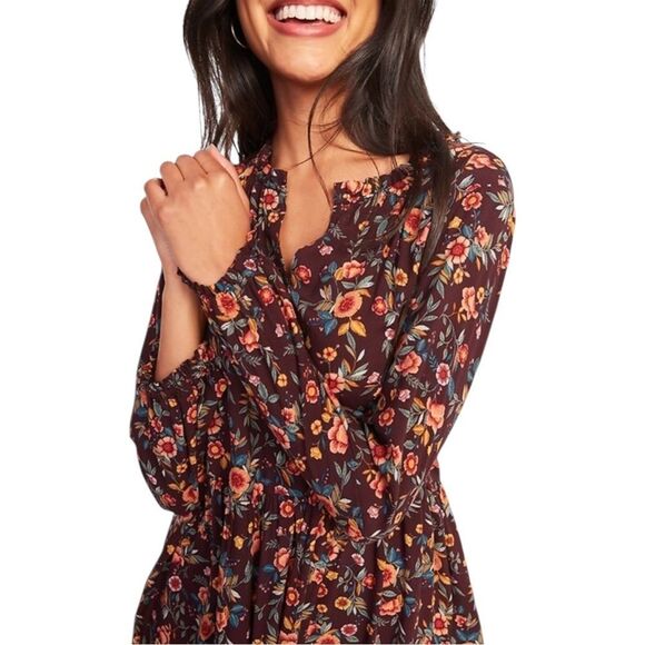 Old Navy Burgundy Floral Printed Tiered Midi Swing Dress Extra Large NWOT - Picture 3 of 11